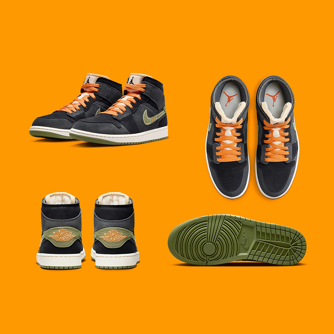 Air Jordan 1 Mid Craft Black Grey Orange Olive